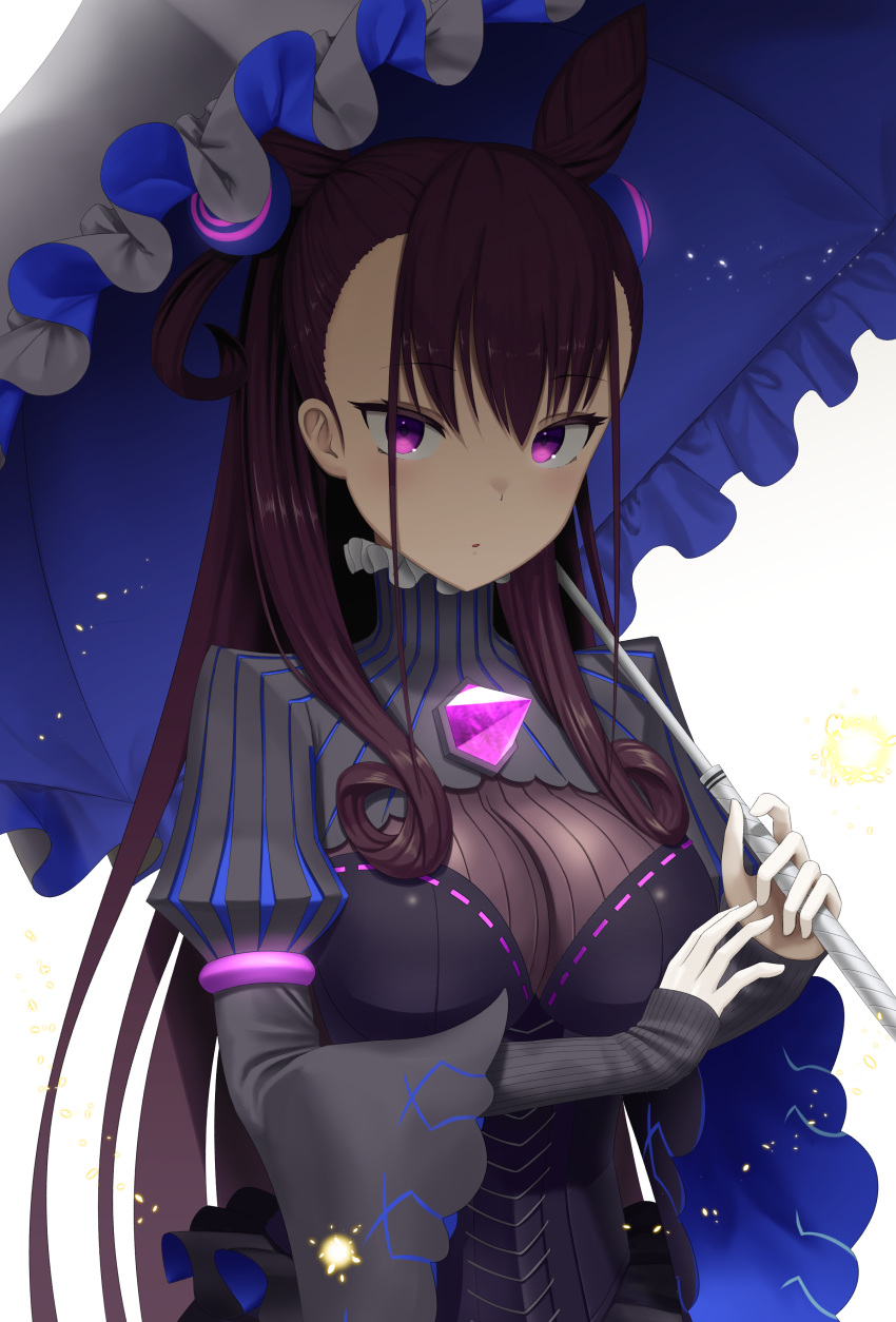 1girl absurdres bangs black_dress blue_umbrella breasts brown_hair commentary_request dress eyebrows_visible_through_hair fate/grand_order fate_(series) hair_between_eyes hair_ornament highres holding holding_umbrella juliet_sleeves large_breasts long_hair long_sleeves murasaki_shikibu_(fate) parted_lips puffy_sleeves purple_eyes ribbon-trimmed_dress ribbon_trim sanbe_futoshi sidelocks simple_background sleeves_past_wrists solo two_side_up umbrella upper_body very_long_hair white_background white_umbrella