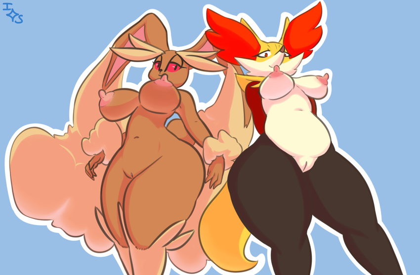 anthro anthrofied areola big_breasts blue_background breasts canine delphox duo erect_nipples female immortalstar inner_ear_fluff lagomorph lopunny mammal nintendo nipples nude pok&eacute;mon pok&eacute;morph pussy red_eyes simple_background smile video_games