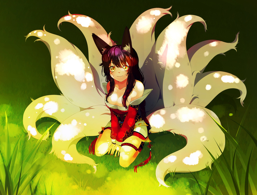 ahri animal_ears bare_shoulders black_hair breasts cleavage detached_sleeves facial_mark fox_ears fox_tail highres korean_clothes large_breasts league_of_legends long_hair looking_at_viewer looking_up multiple_tails nail_polish savi_(byakushimc) sitting slit_pupils solo tail whisker_markings yellow_eyes