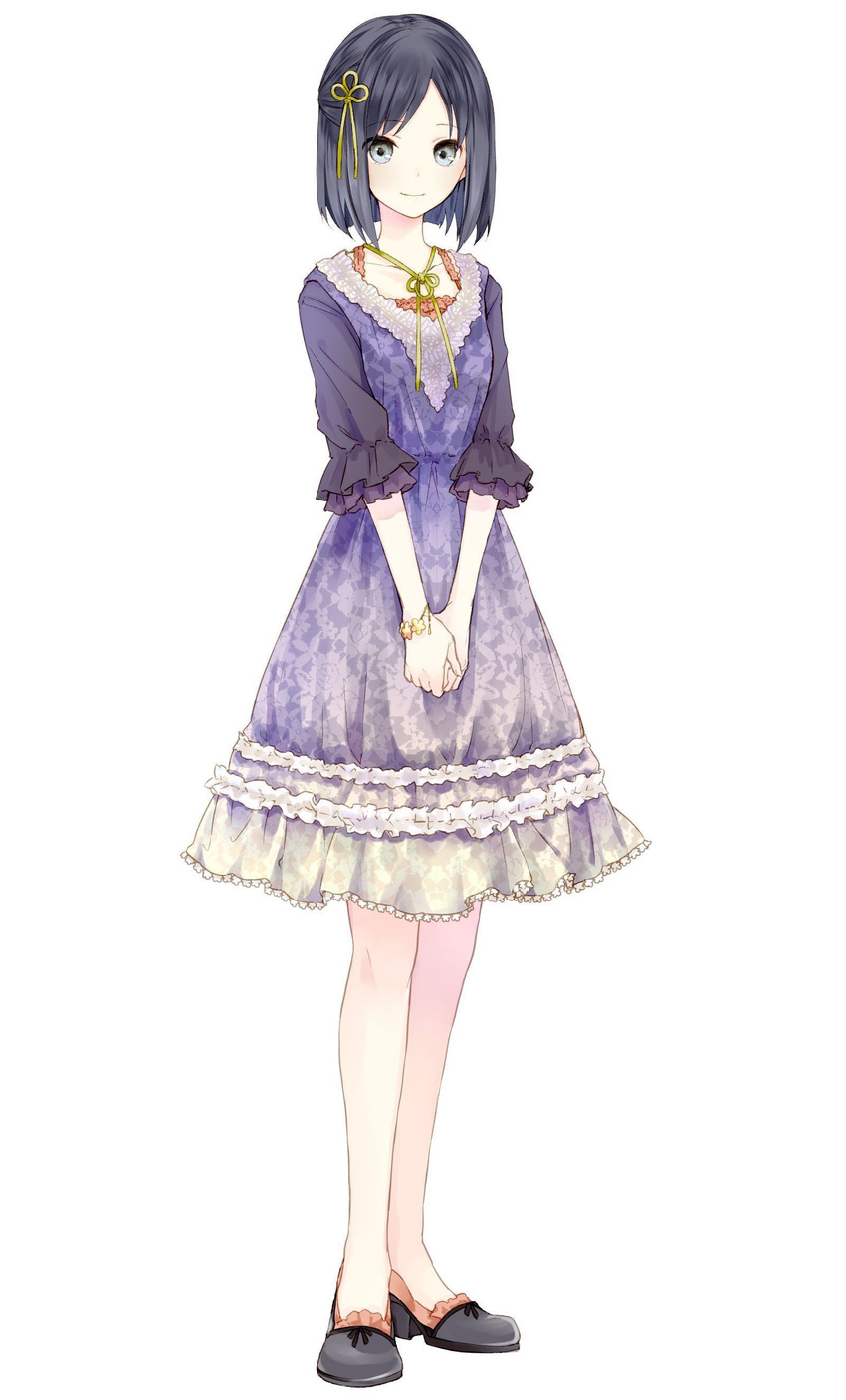 absurdres black_hair collarbone dress frilled_dress frilled_shoes frills full_body grey_eyes hair_ornament highres kishida_mel looking_at_viewer neck_ribbon ribbon school_fanfare short_hair simple_background solo standing white_background yellow_ribbon