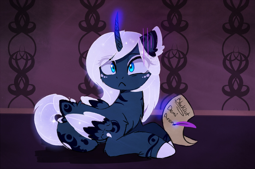 2017 :&lt; equine feathers female feral friendship_is_magic horn list loose_feather magnaluna mammal my_little_pony paper princess_luna_(mlp) quill solo winged_unicorn wings