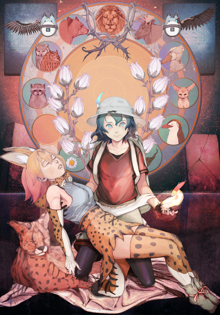 animal animal_ears art_nouveau artificial_wings backpack bad_id bad_pixiv_id bag bare_shoulders bear bird black_gloves black_hair black_legwear blonde_hair blue_eyes bow bowtie brown_bear_(kemono_friends) burning_hand closed_eyes commentary common_raccoon_(kemono_friends) crying crying_with_eyes_open elbow_gloves emperor_penguin_(kemono_friends) energy eurasian_eagle_owl eurasian_eagle_owl_(kemono_friends) extra_ears eyebrows feathers fennec_(kemono_friends) fennec_fox fine_art_parody fire flower full_body gloves hair_between_eyes hand_on_another's_arm hat hat_feather helmet high-waist_skirt highres holding_person kaban_(kemono_friends) kemono_friends lion lion_(kemono_friends) lips looking_at_viewer lucky_beast_(kemono_friends) moose moose_(kemono_friends) multiple_girls nishizono_mitsuyo northern_white-faced_owl northern_white-faced_owl_(kemono_friends) one_knee owl pantyhose parody parted_lips penguin pith_helmet raccoon realistic red_shirt serval serval_(kemono_friends) serval_ears serval_print serval_tail shirt shoebill shoebill_(kemono_friends) short_hair short_sleeves shorts skirt sleeveless sleeveless_shirt smile striped_tail t-shirt tail tears thighhighs thorns torn_clothes torn_gloves torn_hat wavy_hair zettai_ryouiki