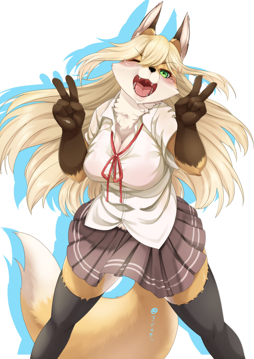 2017 5_fingers absolute_territory anthro big_breasts black_nose blonde_hair breasts brown_fur canine cheek_tuft cleavage clothed clothing dipstick_tail female fluffy fluffy_tail fox fur gaping_mouth gloves_(marking) green_eyes hair hairclip kemono kikunoya legwear long_hair mammal markings multicolored_tail neck_tuft one_eye_closed open_mouth orange_fur portrait shirt simple_background skirt solo standing tan_fur teeth thigh_highs three-quarter_portrait tongue tuft uvula v_sign white_background wink