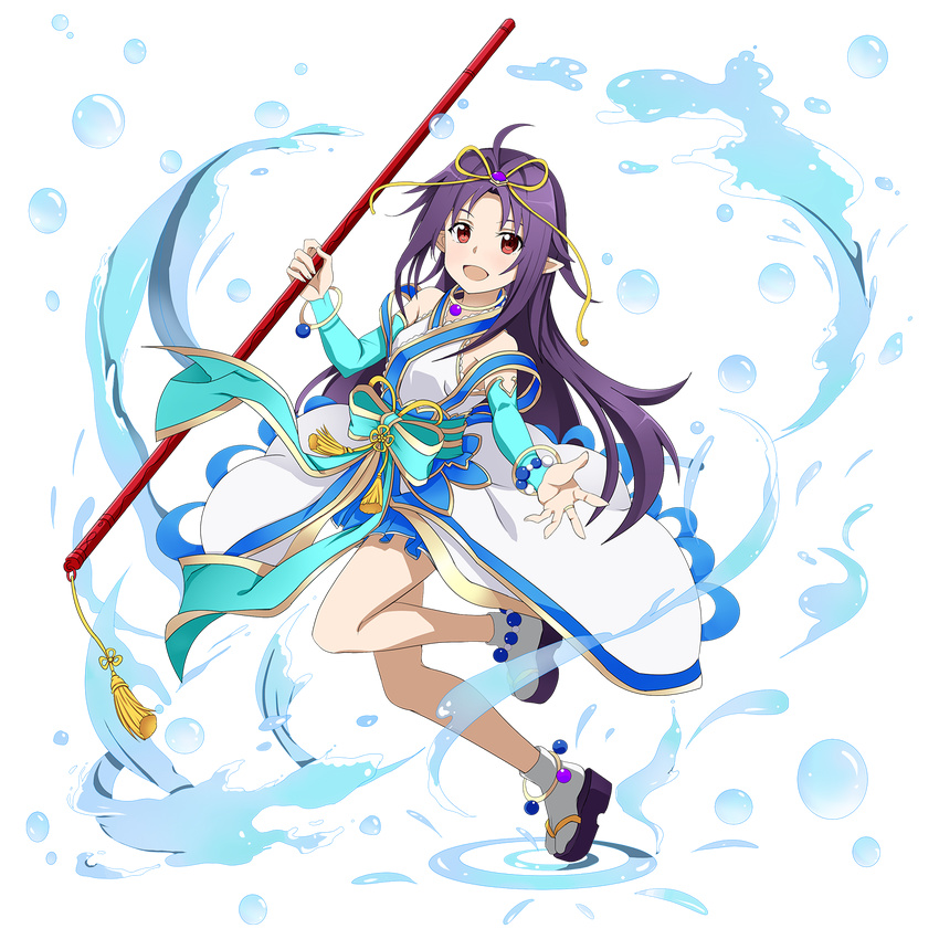:d ahoge anklet bracelet bridal_gauntlets dress floating_hair full_body hair_ribbon highres holding holding_staff jewelry long_hair looking_at_viewer official_art open_mouth pointy_ears purple_hair red_eyes ribbon sleeveless sleeveless_dress smile socks solo staff sword_art_online sword_art_online:_code_register transparent_background very_long_hair white_dress white_legwear yellow_ribbon yuuki_(sao)