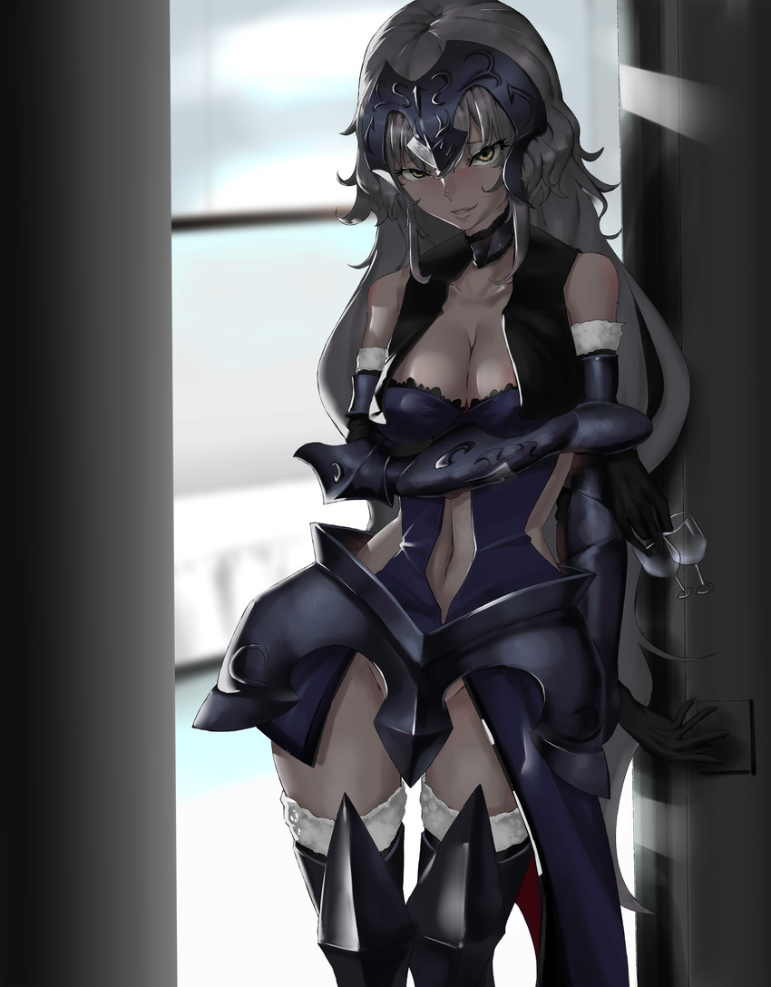 absurdres armor armored_boots armored_dress bare_shoulders blonde_hair blush boots breasts cleavage commentary_request cup drinking_glass elbow_gloves fate/grand_order fate_(series) fur-trimmed_legwear fur_trim gloves groin headpiece highres jeanne_d'arc_(alter)_(fate) jeanne_d'arc_(fate)_(all) kohimi long_hair looking_at_viewer medium_breasts naughty_face navel_cutout no_panties photoshop_(medium) side_cutout smile solo thighs wine_glass yellow_eyes