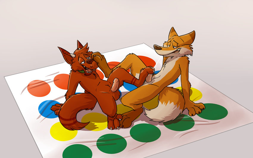 anthro balls canine claws cum dragon duo erection foot_fetish foot_on_face footjob foreplay fox grey_background horn looking_pleasured male male/male mammal open_mouth paintfox penis sex simple_background teeth twister