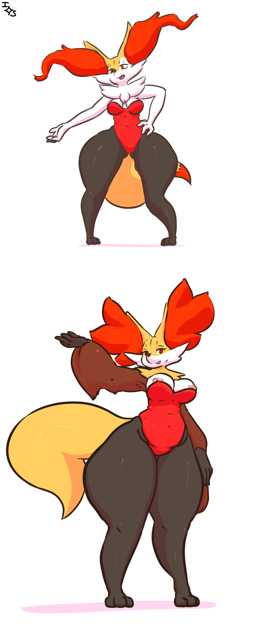 anthro big_breasts braixen breasts clothing delphox female hand_on_hip hi_res immortalstar inner_ear_fluff multiple_images nintendo nipple_slip nipples open_mouth orange_eyes pok&eacute;mon pok&eacute;morph simple_background slightly_chubby smile standing thick_thighs video_games voluptuous white_background wide_hips