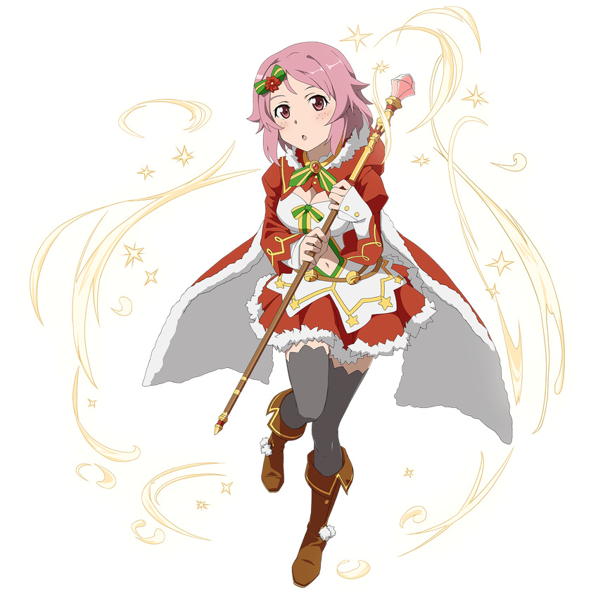 boots breasts brown_footwear cape cleavage dress full_body grey_legwear hair_ornament highres holding holding_staff knee_boots leg_up lisbeth looking_at_viewer medium_breasts midriff navel official_art open_mouth pink_hair red_dress red_eyes short_dress short_hair solo staff standing stomach sword_art_online sword_art_online:_code_register thighhighs transparent_background zettai_ryouiki