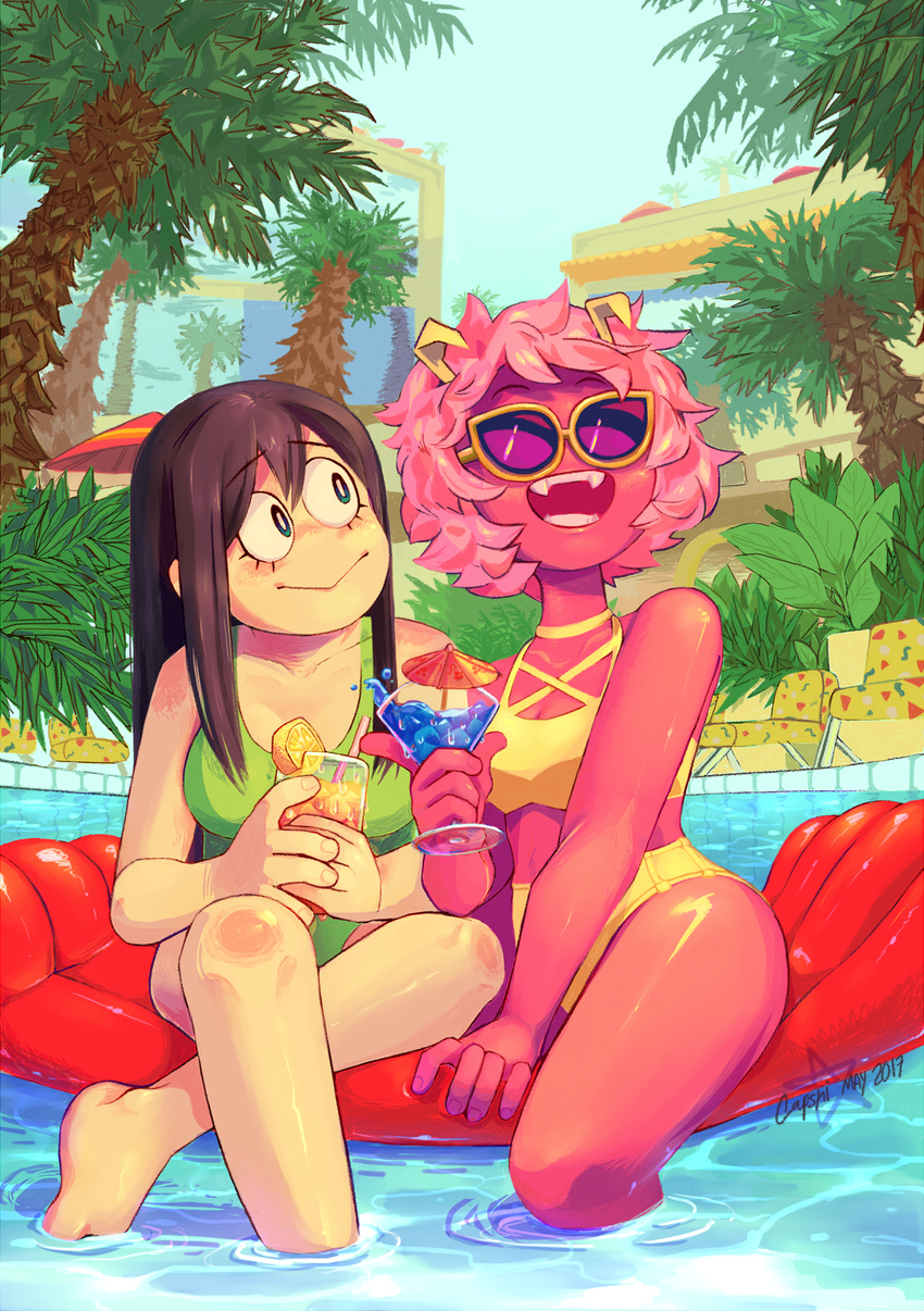 :&gt; absurdres ashido_mina asui_tsuyu bare_shoulders bikini black_hair boku_no_hero_academia breasts capshino cup day drinking_glass fangs feet green_swimsuit highres horns inflatable_raft large_breasts leaf long_hair medium_breasts midriff multiple_girls navel one-piece_swimsuit open_mouth orange_juice outdoors partially_submerged pink_hair pink_skin pool short_hair sitting sky smile sunglasses swimsuit teeth tree water yellow_bikini