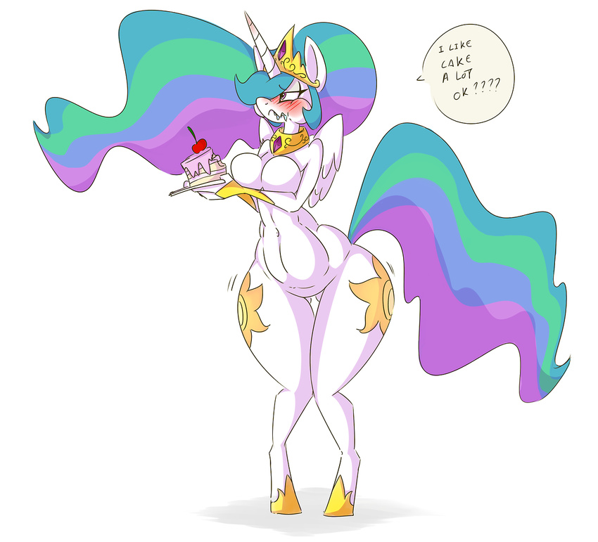 ? anthro anthrofied blush breasts brown_eyes cake cherry crown cutie_mark dessert dialogue drooling eating eatting english_text equine feathers female food friendship_is_magic fruit hair half-closed_eyes headgear holding_(disambiguation) hooves horn horse long_hair mammal my_little_pony navel nude pegasus princess princess_celestia_(mlp) question royalty saliva solo standing text thick_thighs wings wouhlven