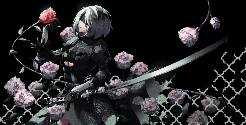 blindfold breasts cleavage commentary_request flower gloves green_hair highres katana large_breasts nier_(series) nier_automata photoshop_(medium) pink_flower pink_rose rose short_hair solo sword thighs tsurukame underboob_cutout weapon yorha_no._2_type_b
