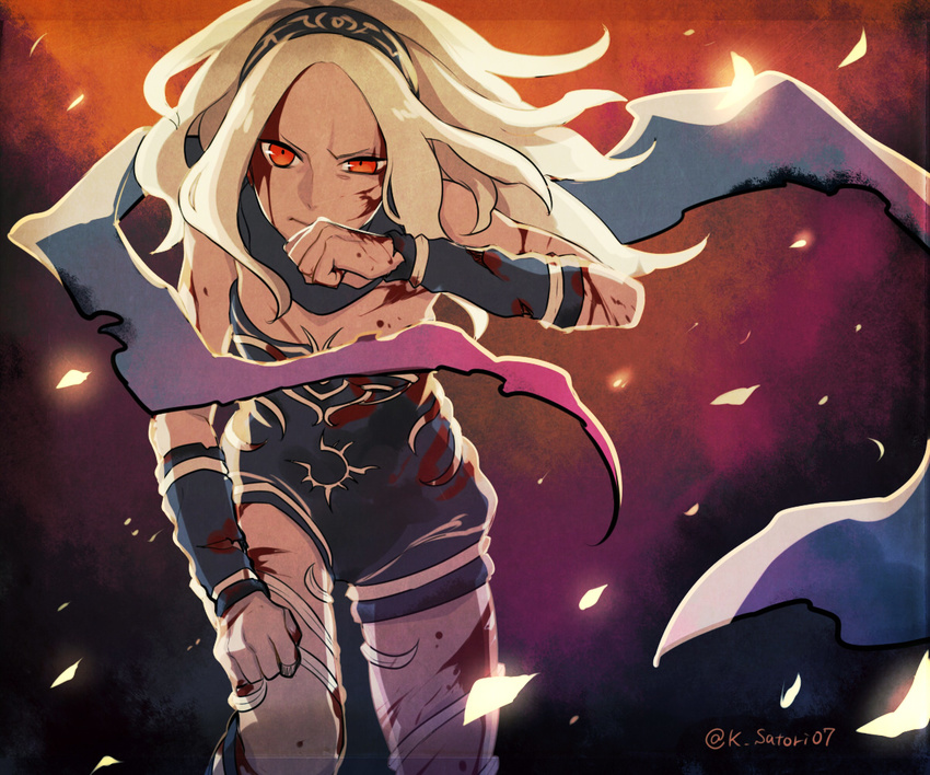 bare_shoulders blonde_hair blood blood_on_face bloody_clothes dark_skin fire flaxvivi gravity_daze hairband kitten_(gravity_daze) leaning_forward long_hair looking_at_viewer red_eyes scarf solo torn_clothes twitter_username