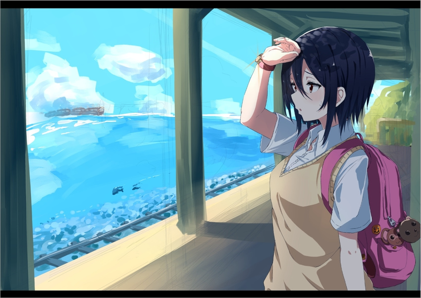 backpack bag bag_charm black_hair brown_eyes charm_(object) day from_side hair_between_eyes keychain letterboxed neko_sensha ocean original outdoors school_uniform short_hair sketch solo sweater_vest watch wristwatch