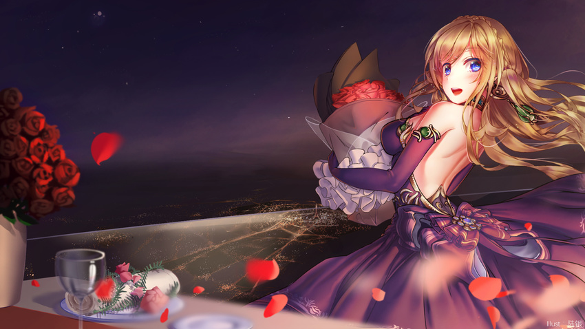 backless_dress backless_outfit blonde_hair blue_eyes breasts dress earrings elbow_gloves floating_hair gloves highres holding jewelry long_hair looking_at_viewer looking_back medium_breasts night nishiro_ryoujin outdoors petals purple_dress purple_gloves richelieu_(zhan_jian_shao_nyu) sideboob signature sleeveless sleeveless_dress solo standing zhan_jian_shao_nyu