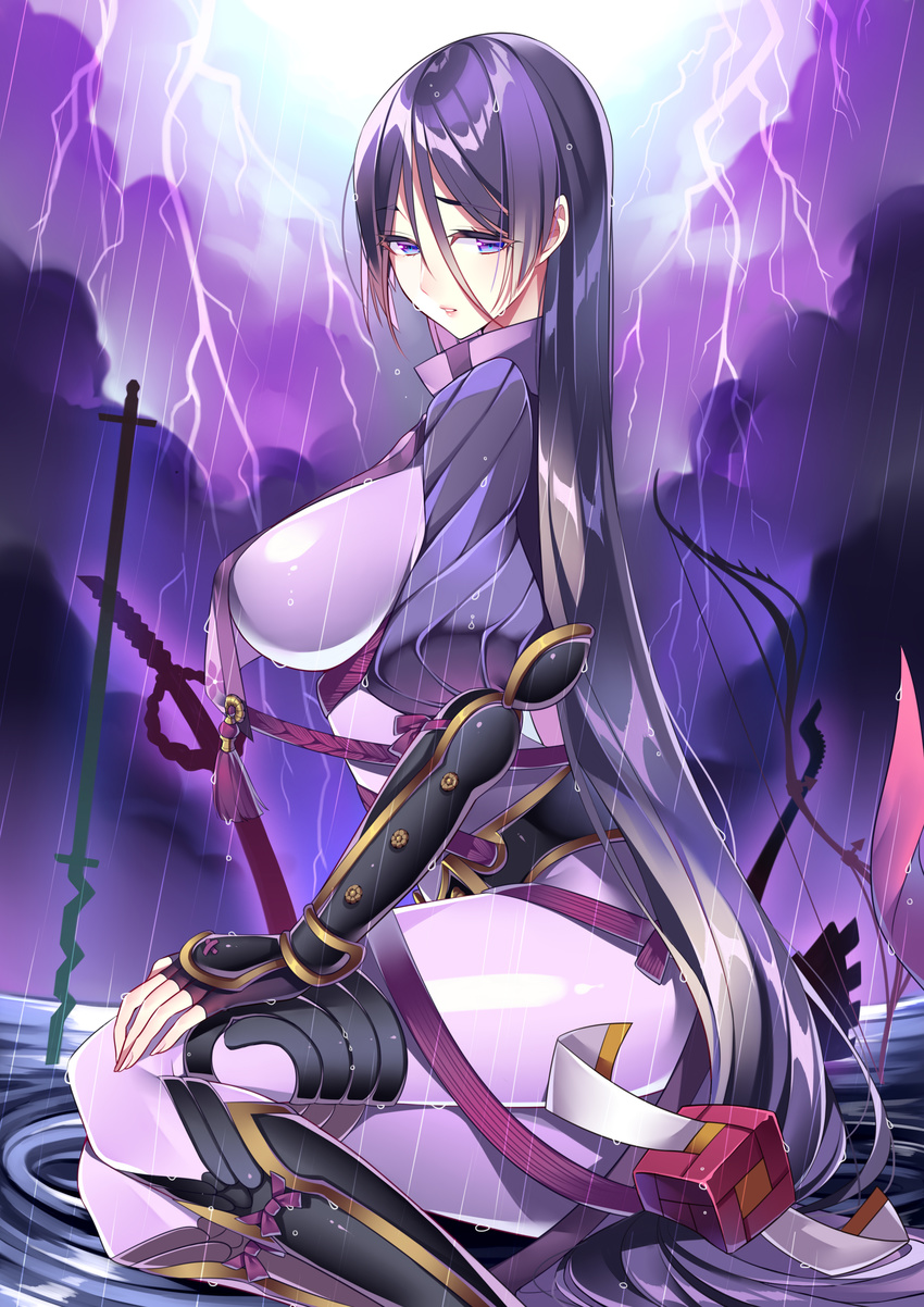 absurdres bad_id bad_pixiv_id bodysuit breasts fate/grand_order fate_(series) highres large_breasts lightning long_hair looking_at_viewer low-tied_long_hair may_(2747513627) minamoto_no_raikou_(fate/grand_order) parted_lips purple_eyes purple_hair rain solo thighs very_long_hair water wet wet_hair