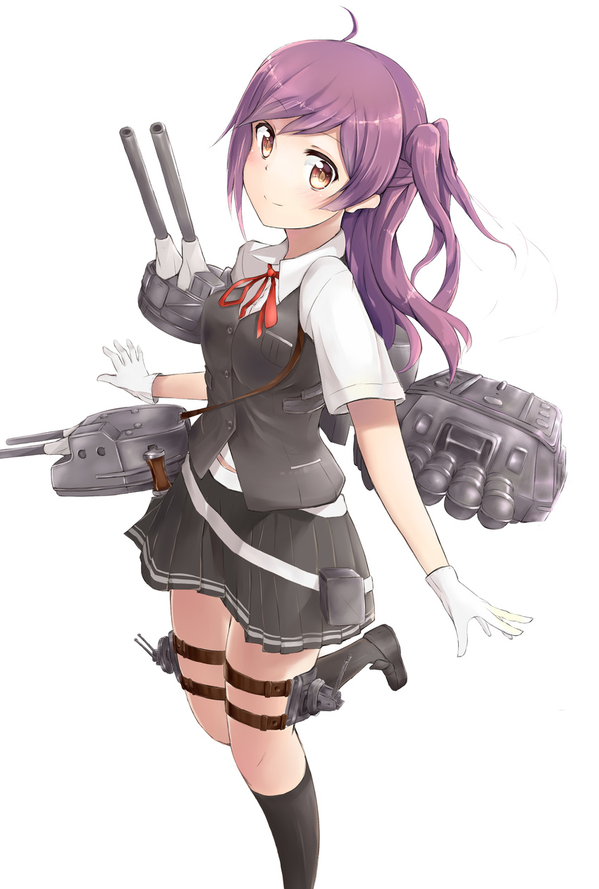 aa_gun absurdres bangs black_footwear black_skirt blouse breasts cannon flower gloves hagikaze_(kantai_collection) highres kantai_collection loafers long_hair looking_at_viewer machinery nagiha_kuten neck_ribbon one_side_up pleated_skirt purple_hair red_ribbon ribbon school_uniform shoes short_sleeves skirt small_breasts socks solo torpedo turret vest yellow_eyes