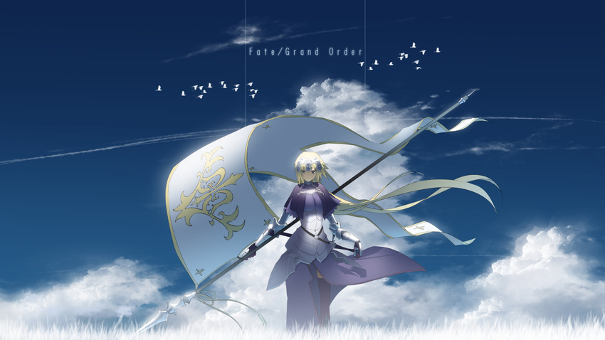 absurdres armor armored_dress asuteroid bangs banner bird black_legwear blonde_hair blue_eyes blue_sky breasts capelet chain cleavage closed_mouth cloud condensation_trail copyright_name day dress fate/apocrypha fate_(series) faulds flag gauntlets grass hand_on_hilt headpiece highres holding holding_flag holding_spear holding_weapon jeanne_d'arc_(fate) jeanne_d'arc_(fate)_(all) large_breasts legs_apart long_hair looking_at_viewer outdoors plackart polearm purple_capelet purple_dress scabbard sheath sheathed sky smile solo spear standing thighhighs tsurime very_long_hair weapon wind