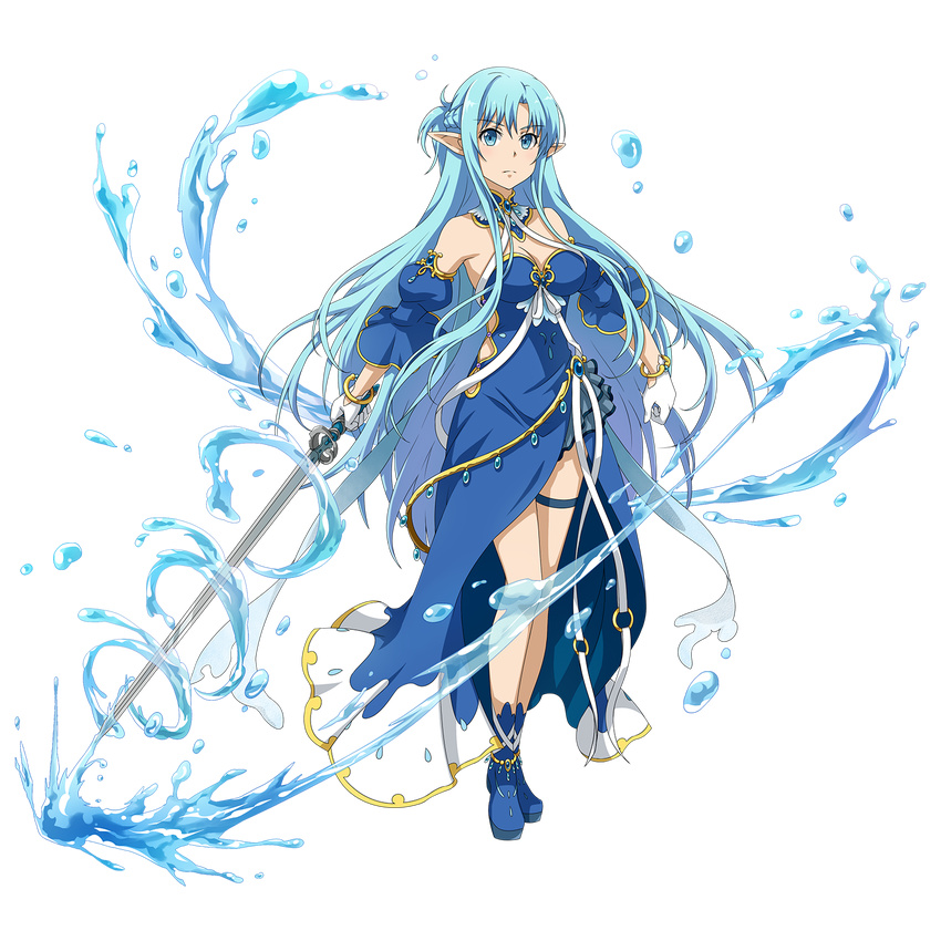 ankle_boots asuna_(sao) asuna_(sao-alo) blue_dress blue_eyes blue_footwear blue_hair boots bracelet breasts choker cleavage detached_sleeves dress eyebrows_visible_through_hair floating_hair full_body gloves highres holding holding_sword holding_weapon jewelry long_hair medium_breasts official_art pointy_ears ribbon solo standing strapless strapless_dress sword sword_art_online sword_art_online:_code_register thigh_strap transparent_background very_long_hair weapon white_gloves white_ribbon