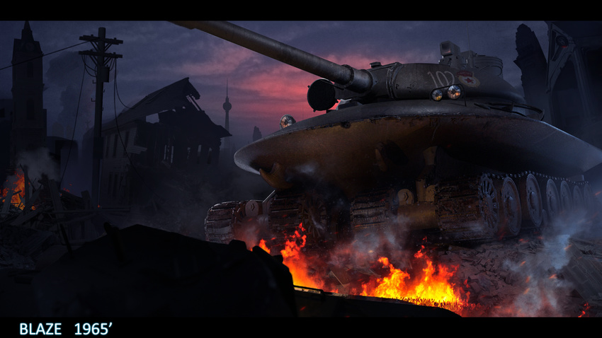 cloud commentary day fire ground_vehicle highres house military military_vehicle motor_vehicle no_humans object_279 original real_life realistic ruins searchlight smoke solaris_(xorn) tank window