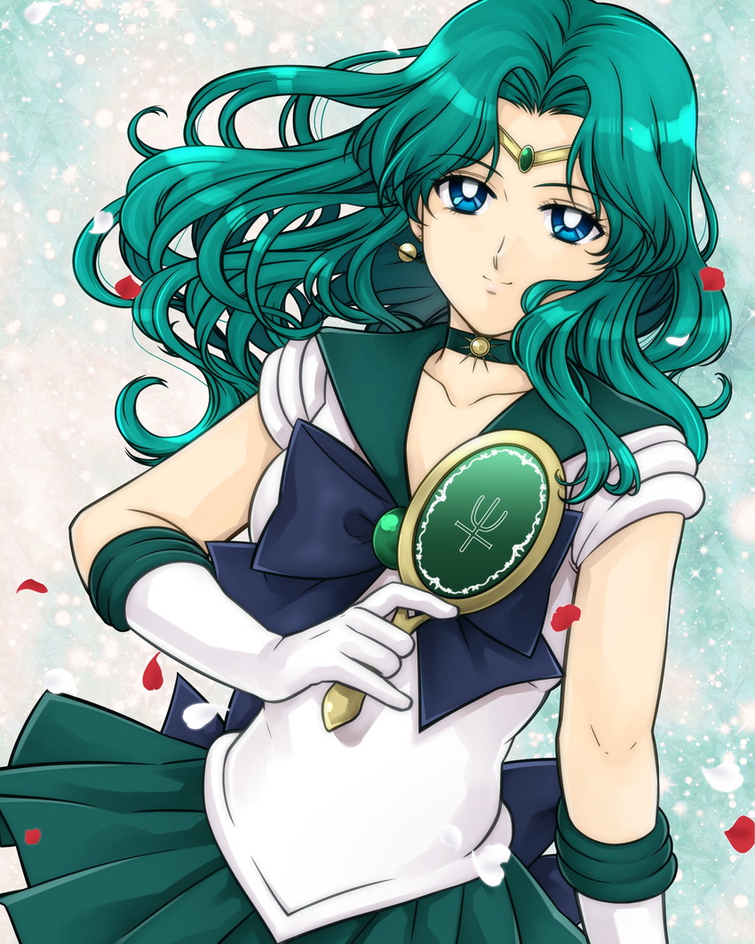 absurdres aqua_hair bishoujo_senshi_sailor_moon blue_bow blue_eyes bow choker circlet cowboy_shot deep_aqua_mirror earrings gloves green_choker green_sailor_collar green_skirt highres jewelry kaiou_michiru long_hair looking_at_viewer masateruteru neptune_symbol pleated_skirt sailor_collar sailor_neptune sailor_senshi_uniform skirt smile solo wavy_hair white_gloves