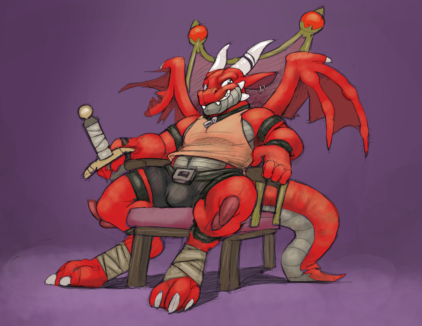 anthro bandage bulge chair clothed clothing dragon furfragged male melee_weapon shirt shorts simple_background sitting solo sword tank_top throne weapon
