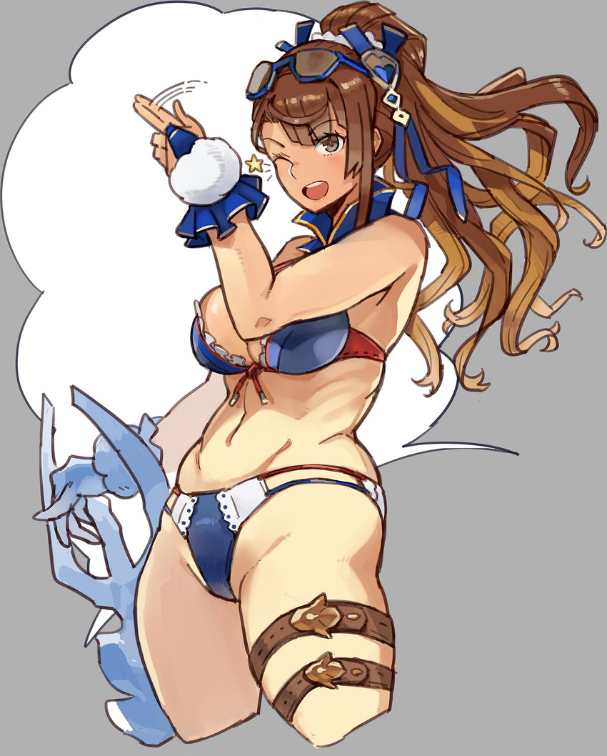 ;d bare_shoulders beatrix_(granblue_fantasy) belt bikini breasts brown_eyes brown_hair detached_collar eyewear_on_head granblue_fantasy groin hair_ribbon highres large_breasts long_hair multi-strapped_bikini navel one_eye_closed open_mouth ponytail ribbon shoohee smile solo star swimsuit sword thigh_strap weapon