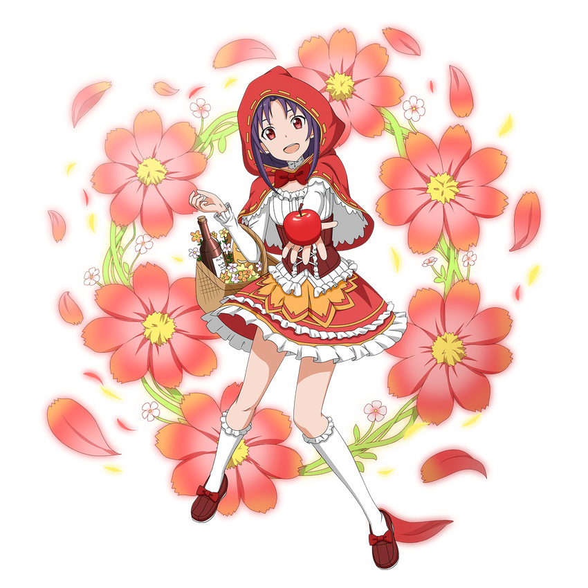 :d apple capelet cosplay food frilled_legwear fruit full_body head_tilt highres holding holding_food holding_fruit hood hooded_capelet kneehighs little_red_riding_hood little_red_riding_hood_(grimm) little_red_riding_hood_(grimm)_(cosplay) looking_at_viewer official_art open_mouth outstretched_arm purple_hair red_eyes red_hood short_hair_with_long_locks sidelocks smile solo standing sword_art_online sword_art_online:_code_register transparent_background white_legwear yuuki_(sao)