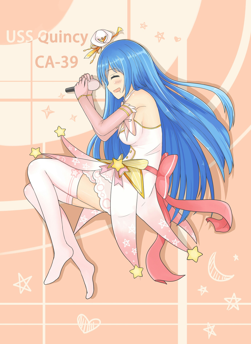 bare_shoulders blue_hair blush breasts burning_(wjxwjx81) character_name closed_eyes crescent dress elbow_gloves from_above from_side gloves hair_spread_out hands_up hat hat_removed headwear_removed heart highres holding holding_microphone idol imagining knees_up legs_together long_hair lying medium_breasts microphone mini_hat no_shoes on_side open_mouth pink_dress pink_gloves pink_legwear profile quincy_(zhan_jian_shao_nyu) red_sash ribbon saliva sideboob simple_background sleeveless sleeveless_dress smile solo star star_print thighhighs two-handed zhan_jian_shao_nyu