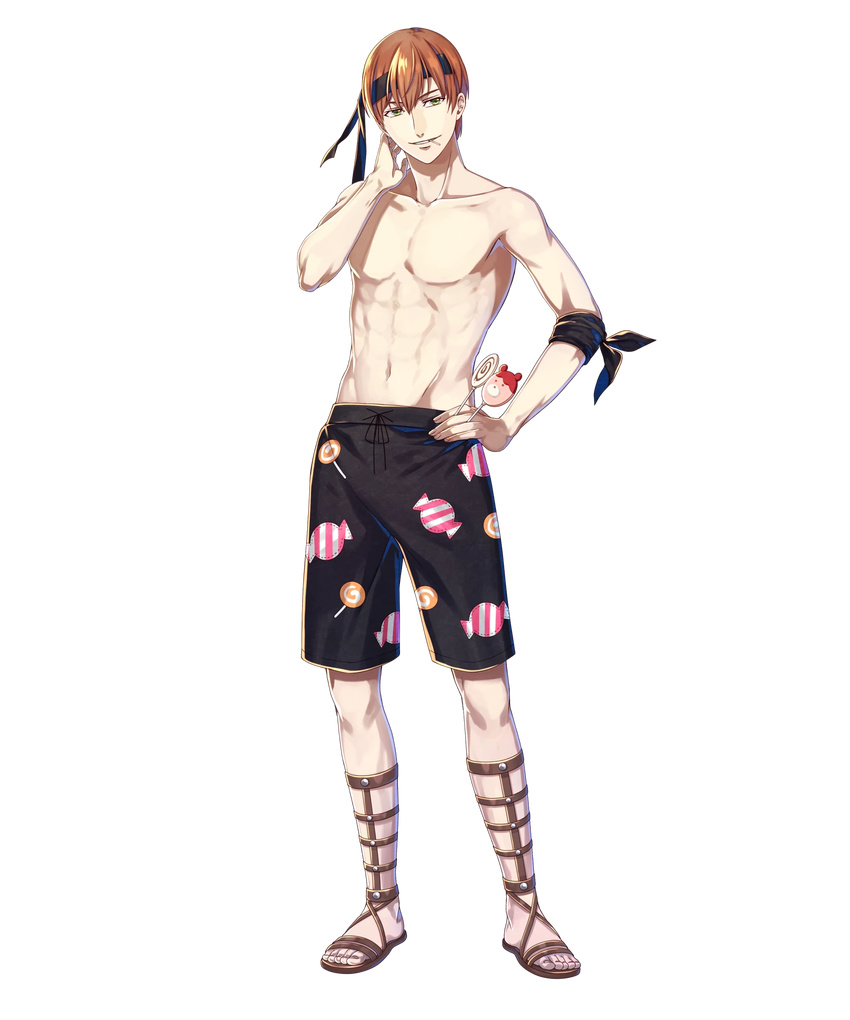 alternate_costume candy candy_print fire_emblem fire_emblem:_kakusei fire_emblem_heroes food full_body gaia_(fire_emblem) green_eyes hako_ichiiro hand_on_hip highres lollipop male_focus male_swimwear official_art red_hair sandals smile solo swim_trunks swimwear transparent_background