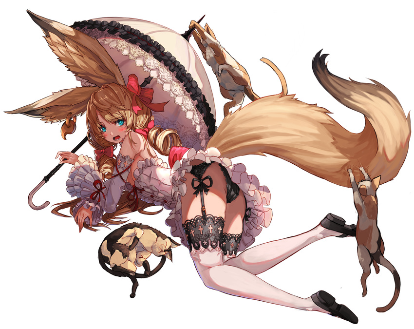 animal animal_ears ass bare_shoulders black_footwear black_panties black_ribbon blonde_hair blue_eyes blush bow breasts cat curly_hair detached_sleeves dress ear_piercing eyebrows_visible_through_hair frilled_dress frilled_sleeves frilled_umbrella frills full_body garter_belt hair_bow highres holding holding_umbrella large_ears long_hair looking_at_viewer lying md5_mismatch on_side open_mouth original panties piercing pink_bow qbspdl red_ribbon ribbon shoes simple_background small_breasts star star-shaped_pupils symbol-shaped_pupils tail thighhighs twintails umbrella underwear white_background white_dress white_legwear white_umbrella wide_sleeves