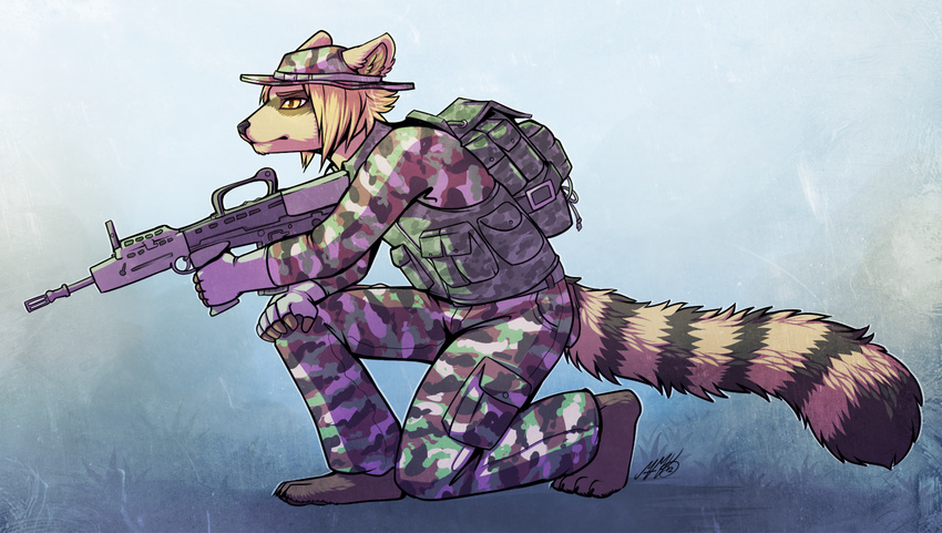 2012 5_fingers anthro barefoot clothed clothing gun holding_object holding_weapon mammal neotheta raccoon ranged_weapon simple_background tan_hair weapon yellow_eyes
