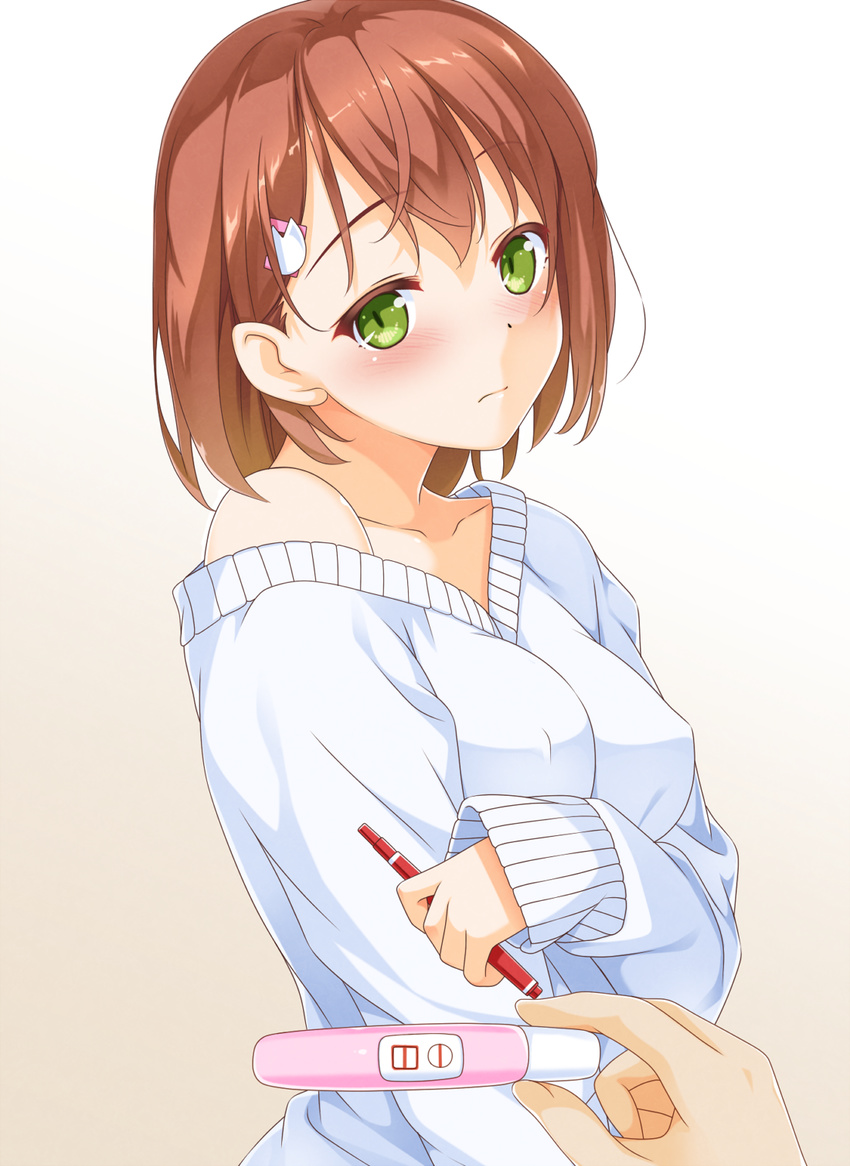 blush breast_rest breasts brown_hair closed_mouth collarbone commentary_request covered_nipples dot_nose eyebrows_visible_through_hair gradient gradient_background green_eyes hair_ornament hairclip highres holding imouto-chan_to_taka-kun implied_pregnancy long_sleeves looking_at_viewer medium_breasts off_shoulder original out_of_frame pov pov_hands pregnancy_test short_hair single_bare_shoulder sleeves_past_wrists solo_focus sweater upper_body uzuki_hiro wavy_mouth white_sweater