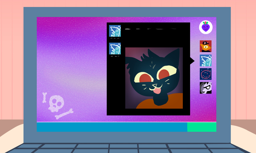 anthro balatronical cat clothed clothing computer feline female gregg_(nitw) laptop mae_(nitw) mammal night_in_the_woods open_mouth open_smile smile solo