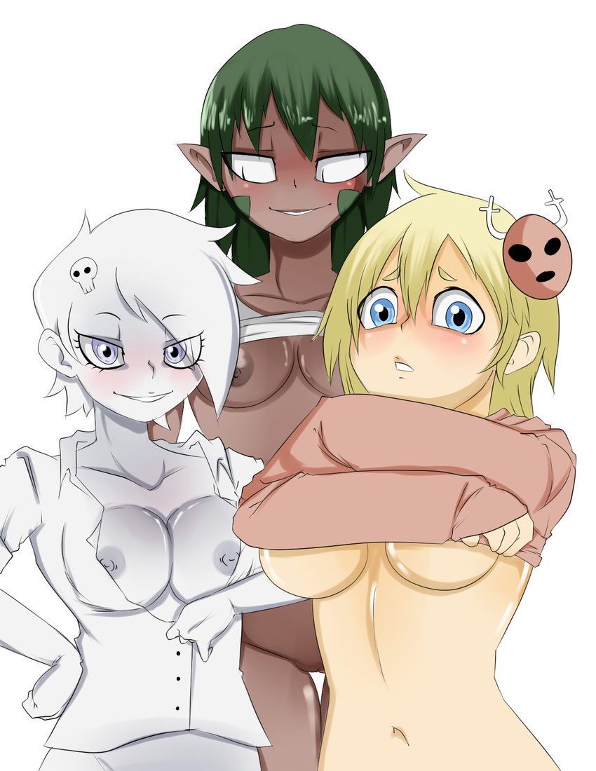 alternate_species bedroom_eyes big_breasts blonde_hair blue_eyes blush breasts carrie_krueger cartoon_network clothed clothing clothing_lift dark_skin dinosaur female ghost green_hair grey_eyes group hair hairpin half-closed_eyes hand_on_hip human humanized humanoid hybrid inuyuru long_hair mammal markings mature_female nervous nipples penny_fitzgerald pointy_ears pussy scales seductive shirt shirt_lift short_hair skull smile spirit the_amazing_world_of_gumball tina_rex undressing unzipping white_skin