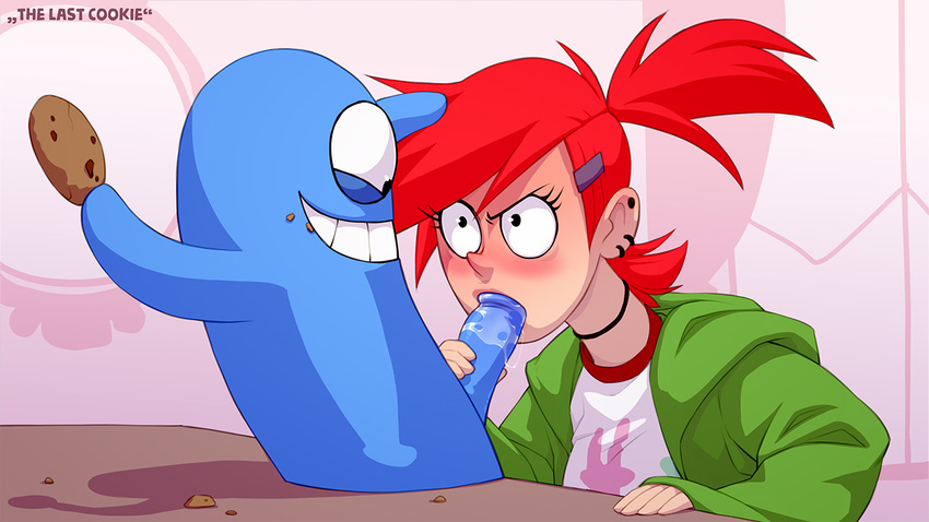 blooregard blue_penis blue_skin blush cartoon_network clothed clothing cookie female food foster's_home_for_imaginary_friends frankie_foster hair human human_on_humanoid humanoid kotaotake male male/female mammal not_furry oral oral_penetration penetration penis piercing red_hair saliva