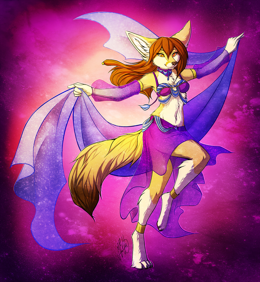 2013 5_fingers anthro barefoot breasts brown_eyes brown_hair brown_nose canine clothed clothing digitigrade female fennec fox hair mammal midriff navel neotheta smile solo