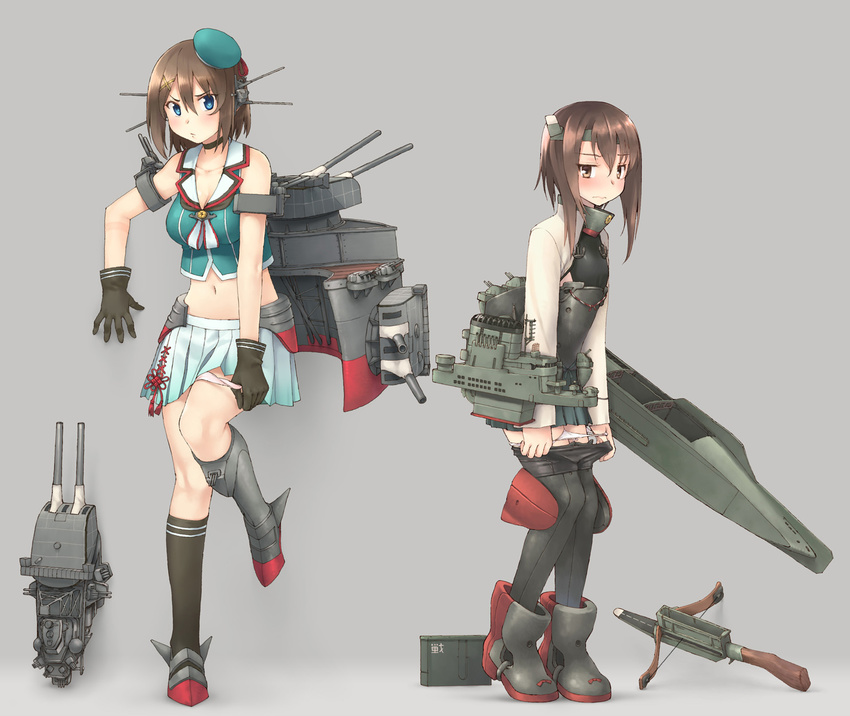 blue_eyes blush bow_(weapon) breasts brown_eyes brown_hair cleavage commentary_request crossbow gloves grey_background hair_ornament hairclip hat headgear highres kantai_collection leg_up looking_at_viewer machinery maya_(kantai_collection) medium_breasts midriff multiple_girls navel panties panty_pull pink_panties pleated_skirt radio_antenna remodel_(kantai_collection) rigging short_hair simple_background skirt taihou_(kantai_collection) temurei_(vovovov) thighhighs turret underwear wavy_mouth weapon white_panties