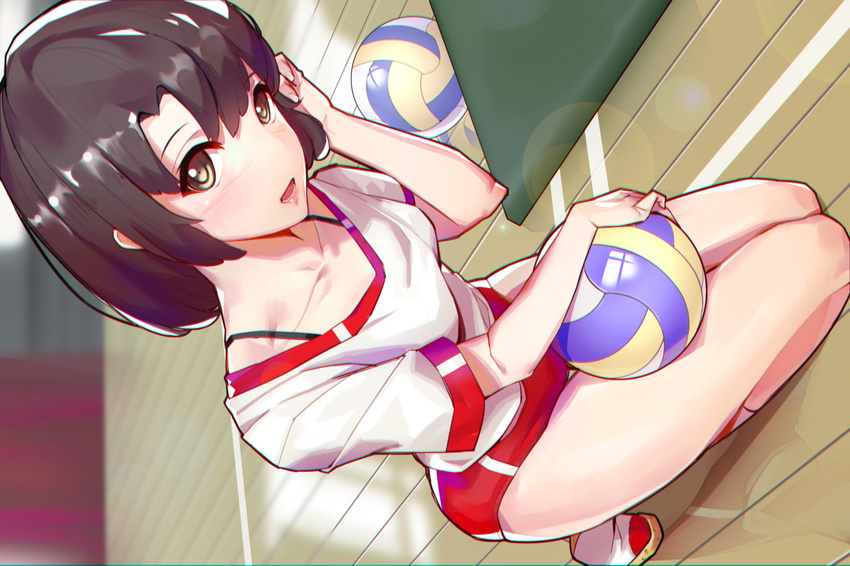 absurdres bangs bra_strap brown_eyes brown_hair buruma collarbone dutch_angle gym_uniform hair_tucking highres indoors katou_megumi kneeling lens_flare lips looking_at_viewer oop saenai_heroine_no_sodatekata short_hair socks solo volleyball white_legwear