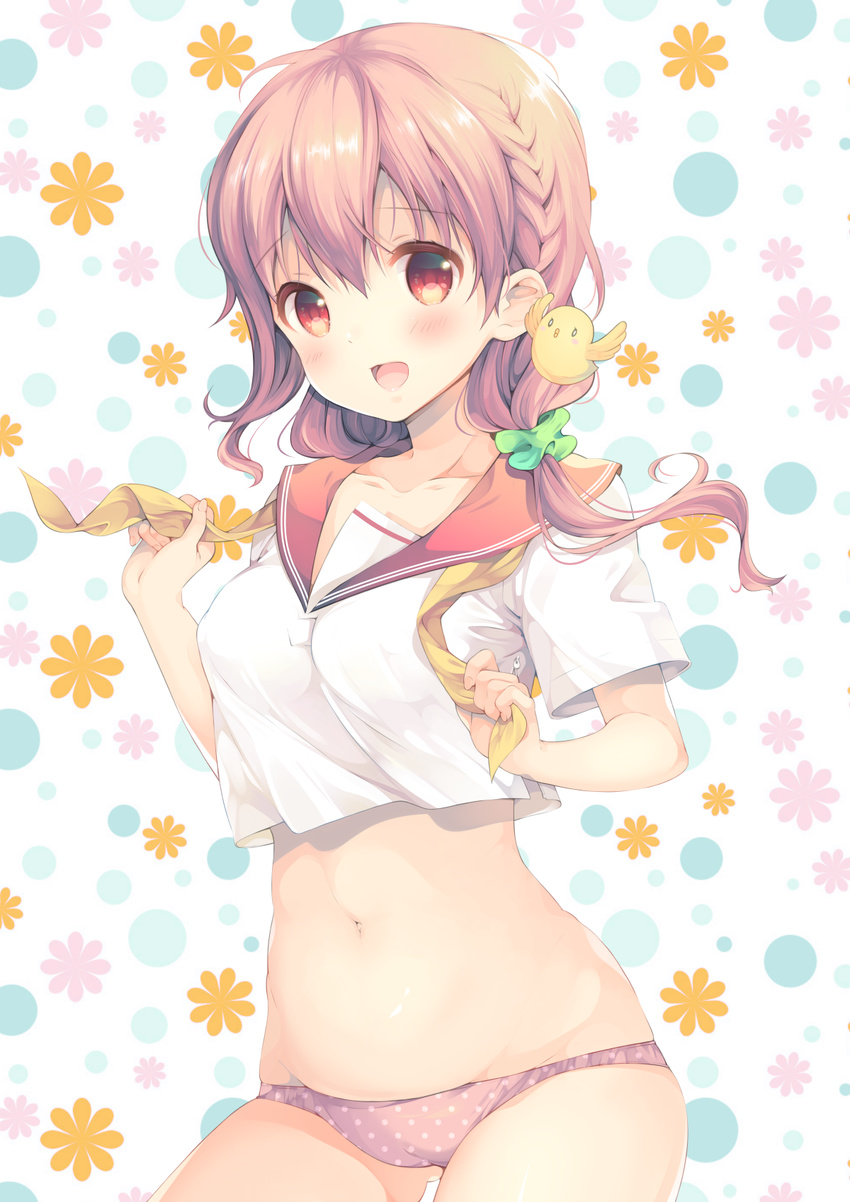 :d ass_visible_through_thighs bird blush braid cameltoe collarbone commentary_request contrapposto cowboy_shot crop_top crop_top_overhang french_braid hair_ornament hair_over_shoulder highres hinako_note long_hair march-bunny midriff navel open_mouth panties pink_eyes pink_hair pink_panties polka_dot polka_dot_panties sailor_collar sakuragi_hinako smile solo standing underwear