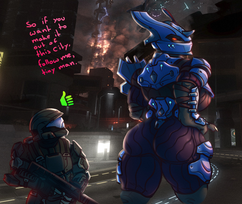 armor butt english_text gun halo_(series) jiralhanae odst ranged_weapon rube size_difference text video_games weapon