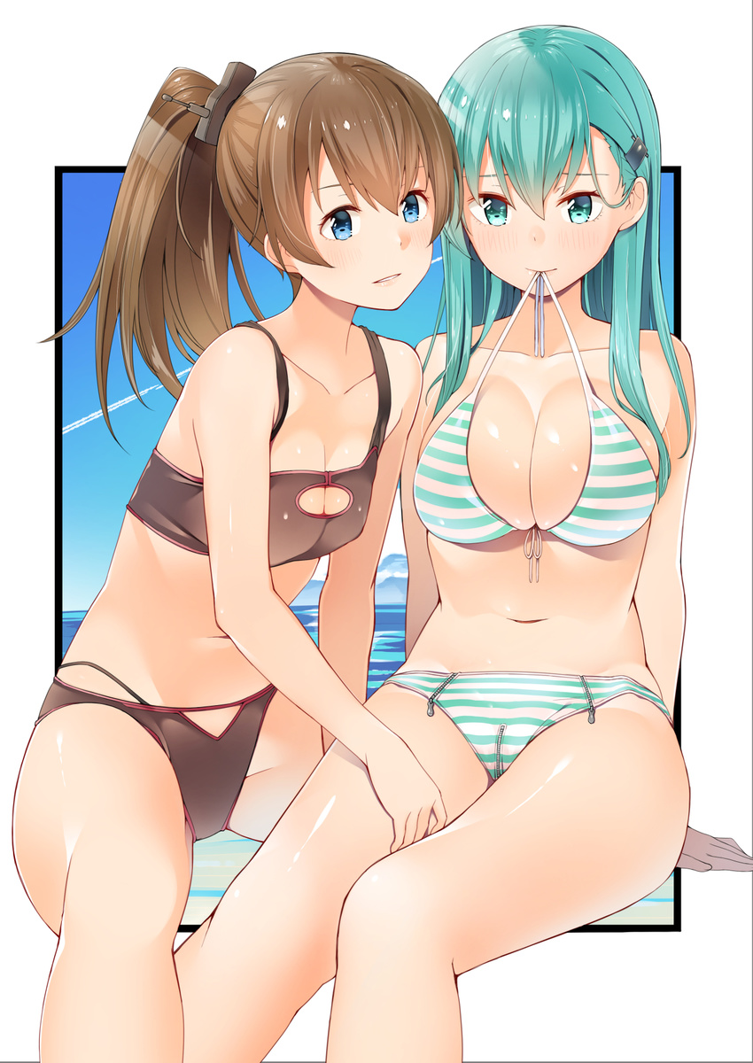 alternate_eye_color aqua_eyes aqua_hair beach between_legs bikini border breasts brown_bikini brown_eyes brown_hair byte_(allbyte) cleavage cleavage_cutout collarbone crotch_zipper front-tie_bikini front-tie_top green_bikini hair_between_eyes hair_ornament hairclip hand_between_legs highres kantai_collection kumano_(kantai_collection) large_breasts long_hair looking_at_another mouth_hold multiple_girls navel outside_border parted_lips ponytail sitting small_breasts straight_hair strap_pull string_in_mouth striped striped_bikini suzuya_(kantai_collection) swimsuit white_border zipper