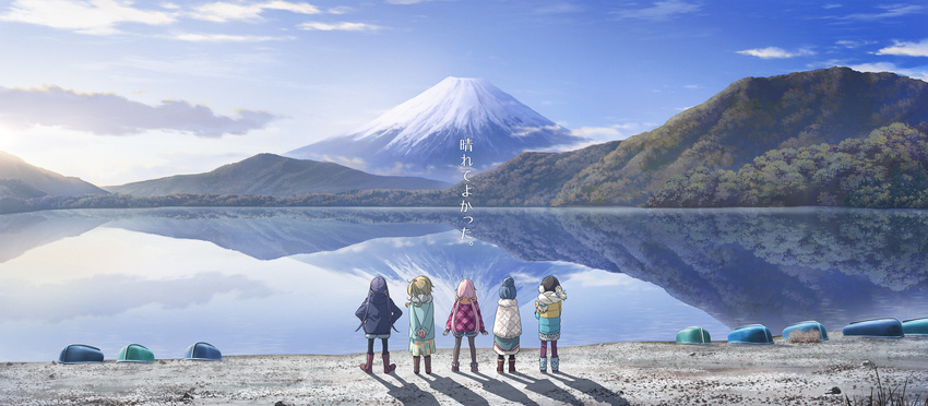 absurdres blonde_hair blue_hair boots from_behind highres inuyama_aoi kagamihara_nadeshiko key_visual lake low_twintails mount_fuji mountain multiple_girls official_art oogaki_chiaki pink_hair ponytail reflection saitou_ena scenery shima_rin text_focus translation_request twintails yurucamp