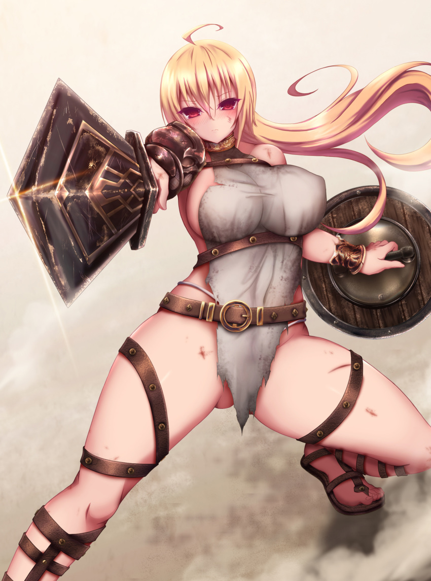 1girl absurdres ahoge akina_t bangs bare_hips blonde_hair breasts closed_mouth commentary_request copyright_request erect_nipples fantasy fighting_stance furrowed_eyebrows gladiator_shoes glint gluteal_fold gold_trim half-closed_eyes highres holding holding_shield holding_sword holding_weapon large_breasts long_hair looking_at_viewer outstretched_arm red_eyes serious shield sideboob solo sword very_long_hair weapon wind wind_lift