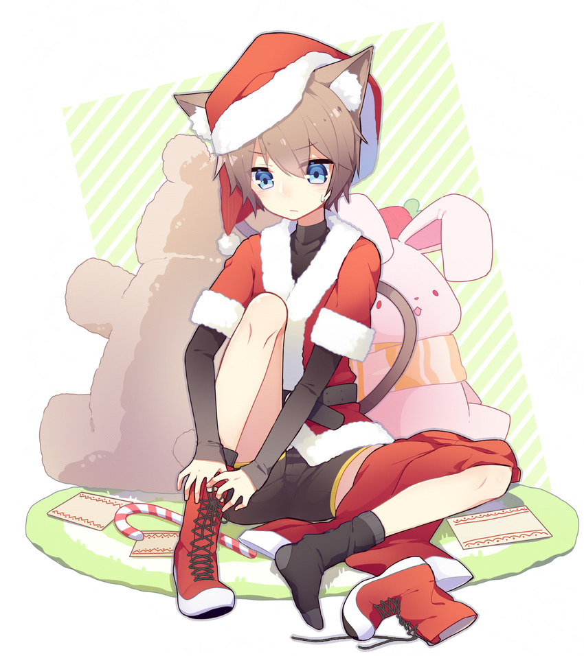 animal_ears ankle_boots black_legwear blue_eyes blush boots brown_hair cat_ears cat_tail catboy cross-laced_footwear full_body hat highres lace-up_boots male_focus muma_feifei original putting_on_boots putting_on_shoes red_footwear santa_costume santa_hat socks solo sweatdrop tail