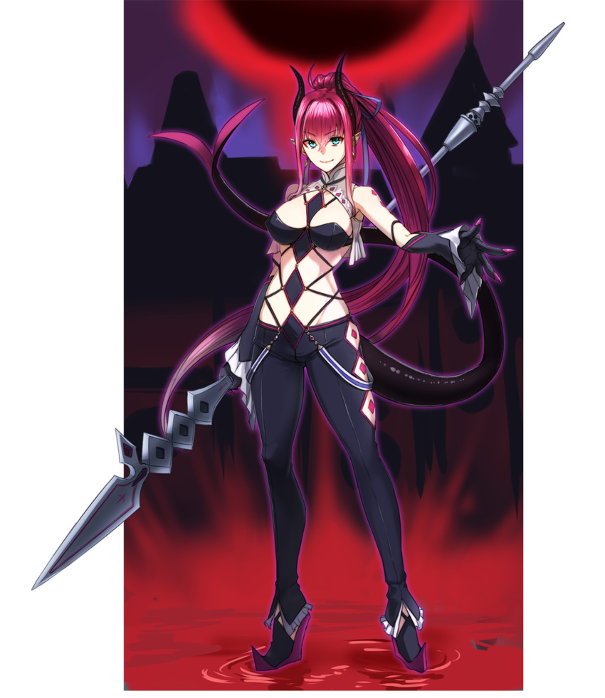 &gt;:) alternate_hairstyle bangs bare_shoulders black_gloves black_pants blue_eyes blue_ribbon breasts castle claws closed_mouth detached_sleeves dragon_tail elizabeth_bathory_(fate) elizabeth_bathory_(fate)_(all) fate/extra fate/extra_ccc fate_(series) full_body gloves groin hair_intakes hair_ribbon high_heels highres hinomoto_madoka holding holding_weapon horns large_breasts long_hair looking_at_viewer moon older pants pink_hair pointy_ears polearm ponytail pool_of_blood red_moon revealing_clothes ribbon sarkany_csont_landzsa sidelocks smile solo spear standing standing_on_liquid tail transparent_background v-shaped_eyebrows very_long_hair weapon