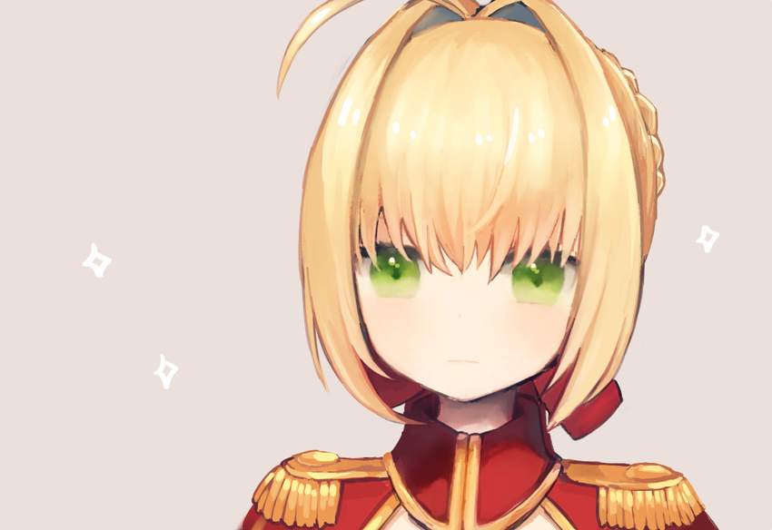 ahoge bangs beige_background blush braid closed_mouth fate/extra fate_(series) french_braid hair_intakes hair_ribbon looking_at_viewer munuko nero_claudius_(fate) nero_claudius_(fate)_(all) portrait red_ribbon ribbon sidelocks simple_background solo sparkle