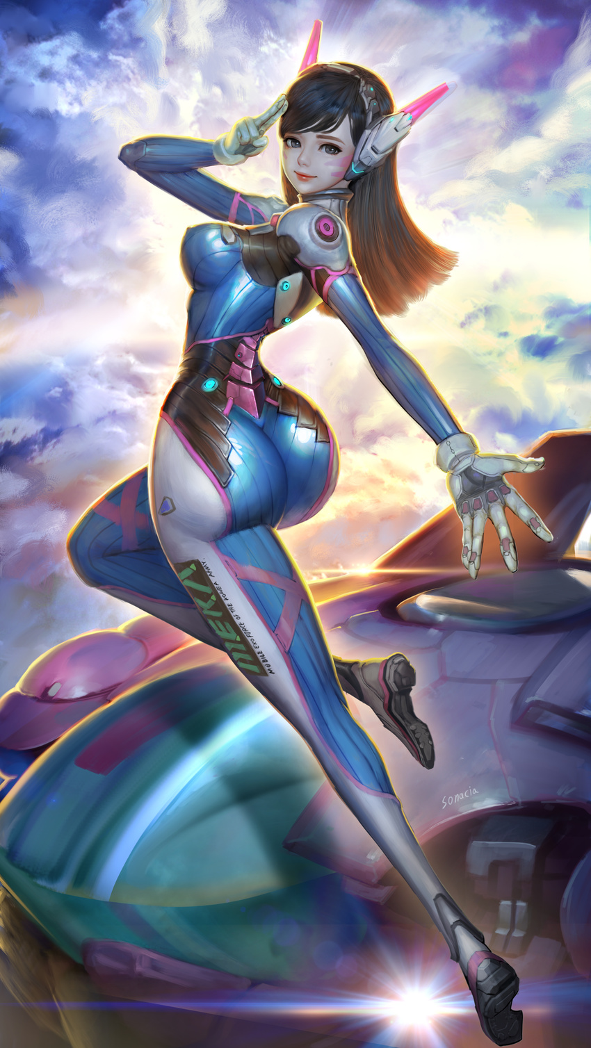 absurdres acronym arm_at_side arm_behind_back artist_name ass back bad_anatomy bad_leg bangs blue_bodysuit bodysuit boots bracer breasts brown_hair closed_mouth clothes_writing cloud cloudy_sky covered_navel covered_nipples d.va_(overwatch) day eyelashes eyeliner facepaint facial_mark from_behind full_body gloves grey_eyes hand_to_head hand_up headphones highres leg_up lips long_hair looking_at_viewer looking_back makeup mecha medium_breasts meka_(overwatch) midair narrow_waist nose outdoors overwatch pauldrons pilot_suit pink_lips ribbed_bodysuit salute shiny shiny_clothes shoulder_pads skin_tight sky smile solo sonacia spread_fingers swept_bangs thigh_boots thigh_strap thighhighs turtleneck two-finger_salute whisker_markings white_footwear white_gloves