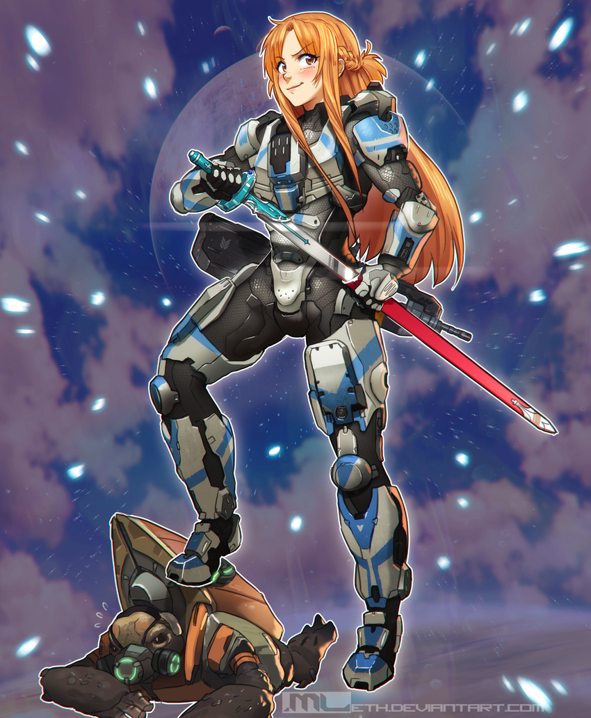 absurdres alien asuna_(sao) blush braid brown_eyes brown_hair crossover french_braid full_body grunt_(halo) halo_(game) highres long_hair long_legs mathias_leth power_armor scabbard sheath sidelocks smile solo_focus spartan_(halo) stepped_on sword sword_art_online unsheathing weapon