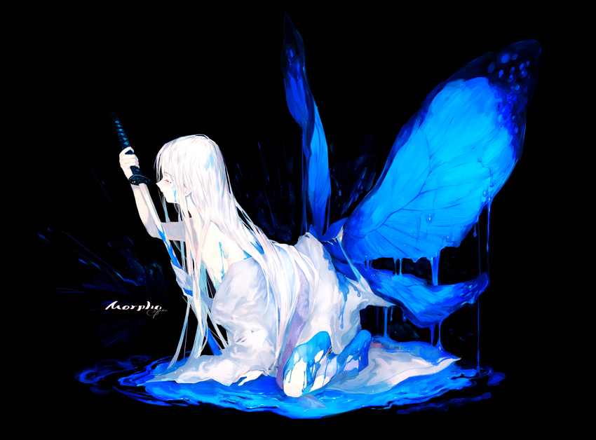 absurdres bangs black_background black_hair blue_wings butterfly_wings closed_eyes closed_mouth commentary dress henshin highres holding holding_sword holding_weapon katana kneeling long_hair off_shoulder original ozyako simple_background skirt slime solo sword very_long_hair weapon white_dress white_skirt wings