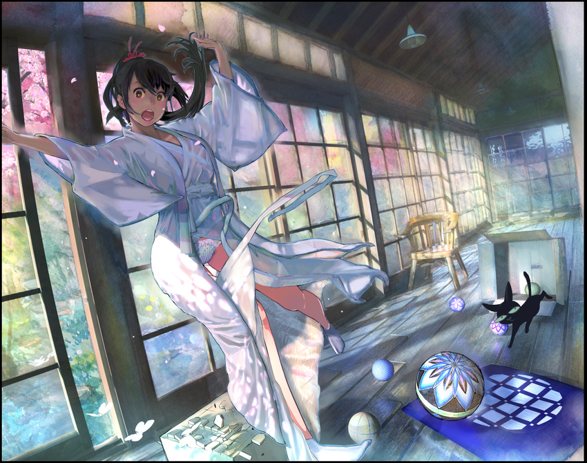 ball black_hair board_game border box brown_eyes bug butterfly cat chair cherry_blossoms falling insect japanese_clothes kimono long_hair looking_at_viewer open_mouth original panties ponytail shougi socks solo striped temari_ball underwear vertical-striped_panties vertical_stripes wardrobe_malfunction zunga